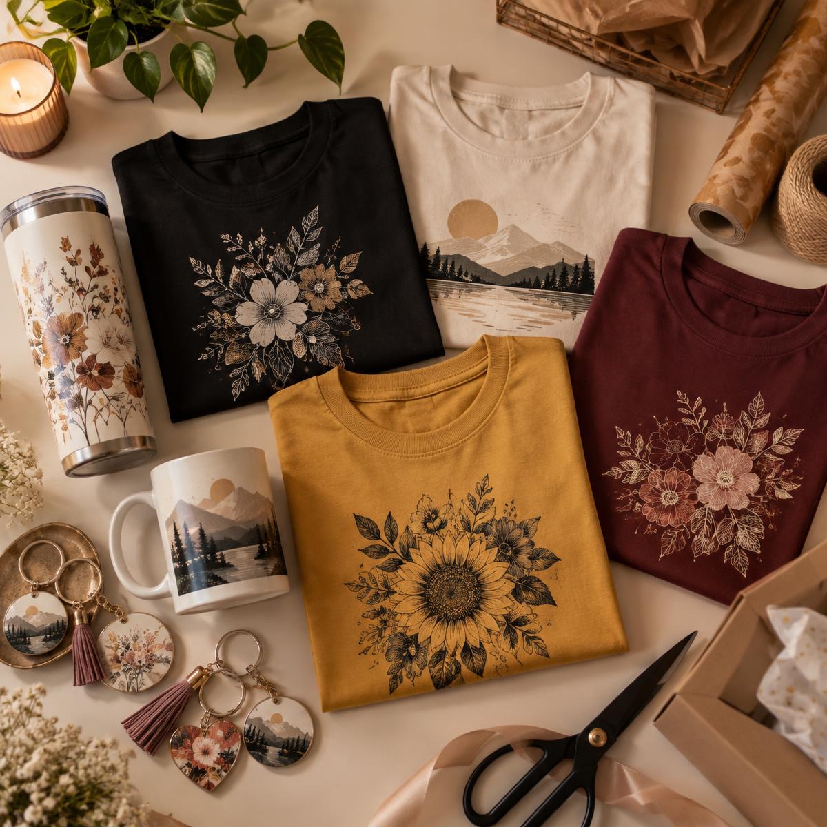 Collection of custom shirts, tumblers, mugs and keychains